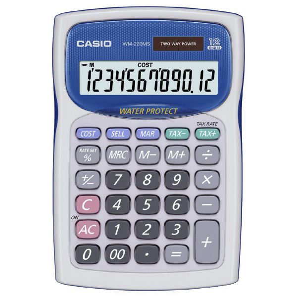 WM220MS-BU CASIO WM220MS 12 Digit Water & Dust Resistant Desktop Calculator in Blue & White